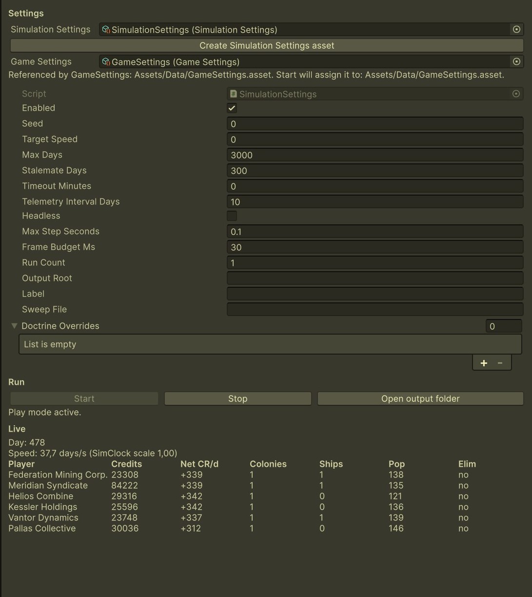 Autoplay simulation settings in the Unity editor, with run controls and live statistics for each AI corporation.